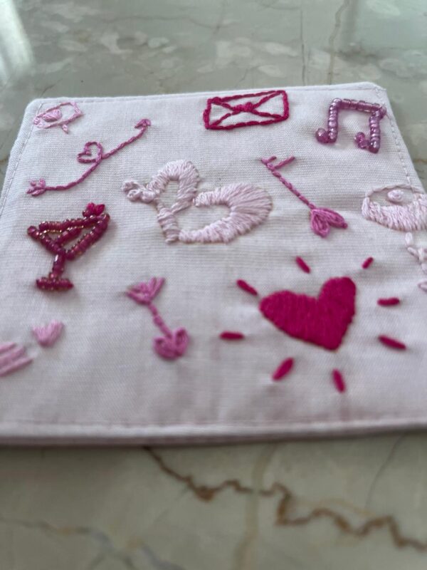 Hand embroidered pink coaster
